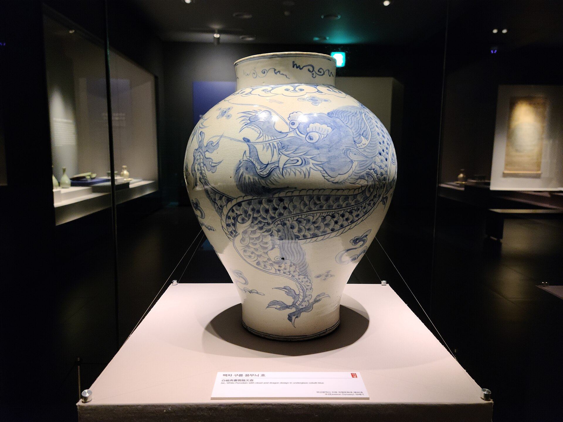 A white porcelain jar with a blue dragon, on display in a museum